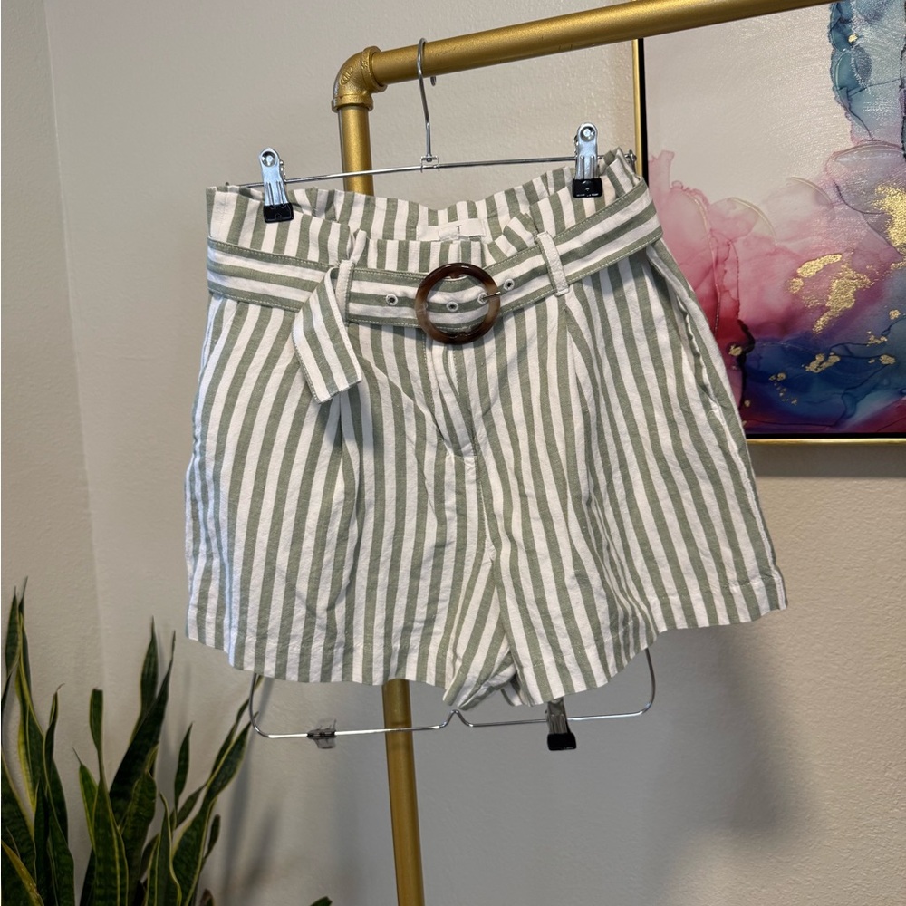 LOFT High Waist Green and White Striped Shorts